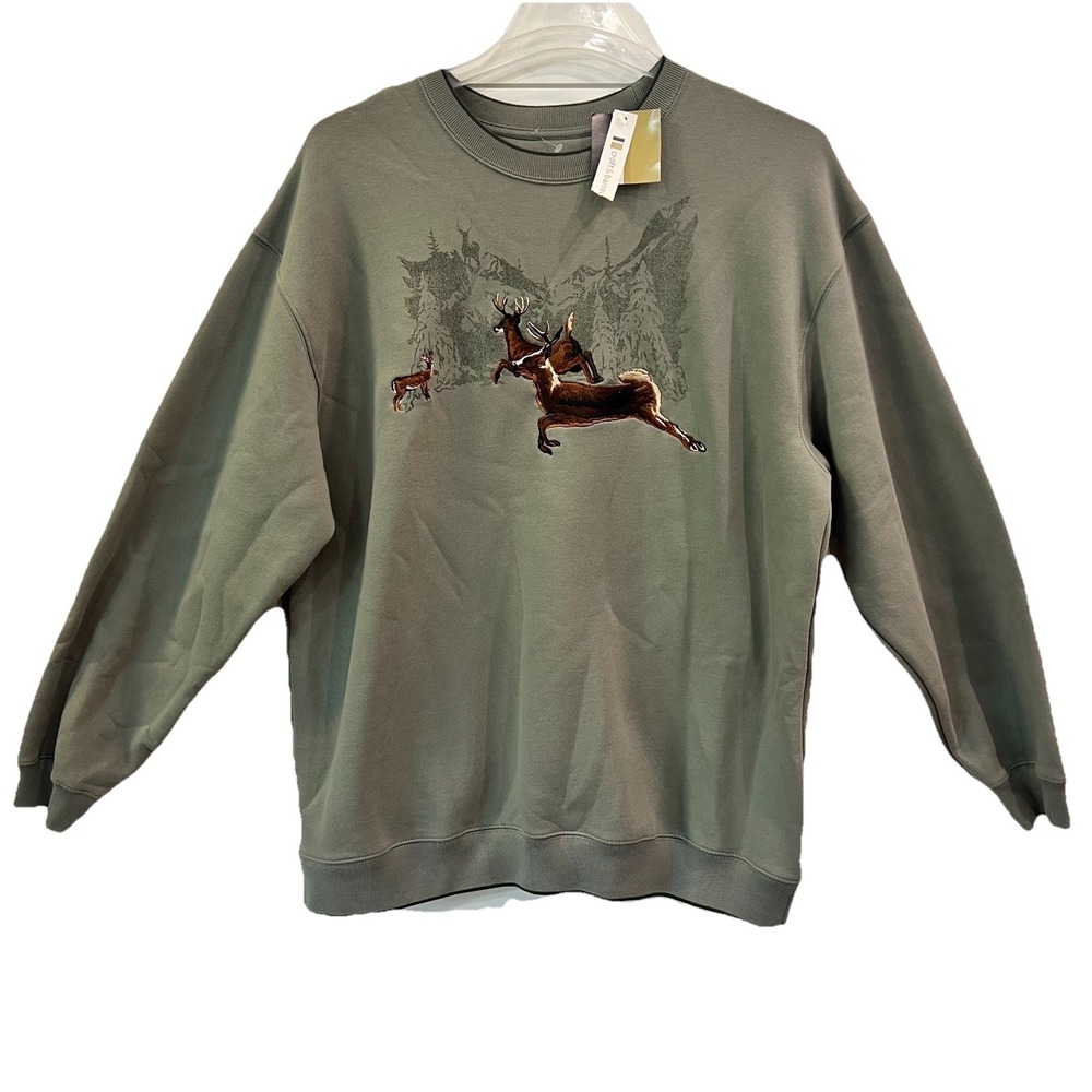 Croft & Barrow Mens Large Crewneck‎ Sweatshirt Green  Deer Graphic Long Sleeve